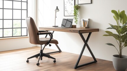 Work desk in a minimalist room with wood and metal frame, with a large space for work pieces on top and two built-in storage shelves on one side
