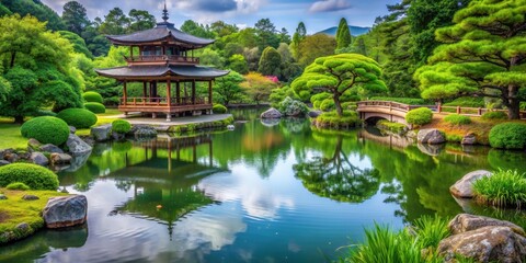 Fototapeta premium Tranquil Japanese garden with pond, greenery, and pagoda, serene, Japanese garden, tranquil, pond, greenery
