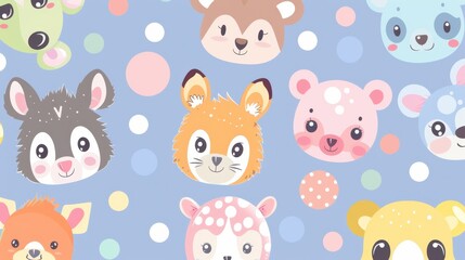Fototapeta premium A vibrant design showcasing various adorable animal faces surrounded by colorful dots against a blue backdrop
