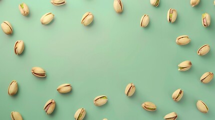 Pistachio pattern copy space organic real food with green solid background