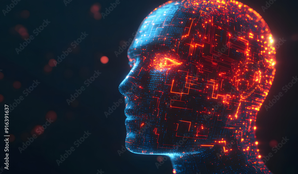 Poster a high-tech human brain composed of mechanical cogs and electronic circuits, the fusion of human int