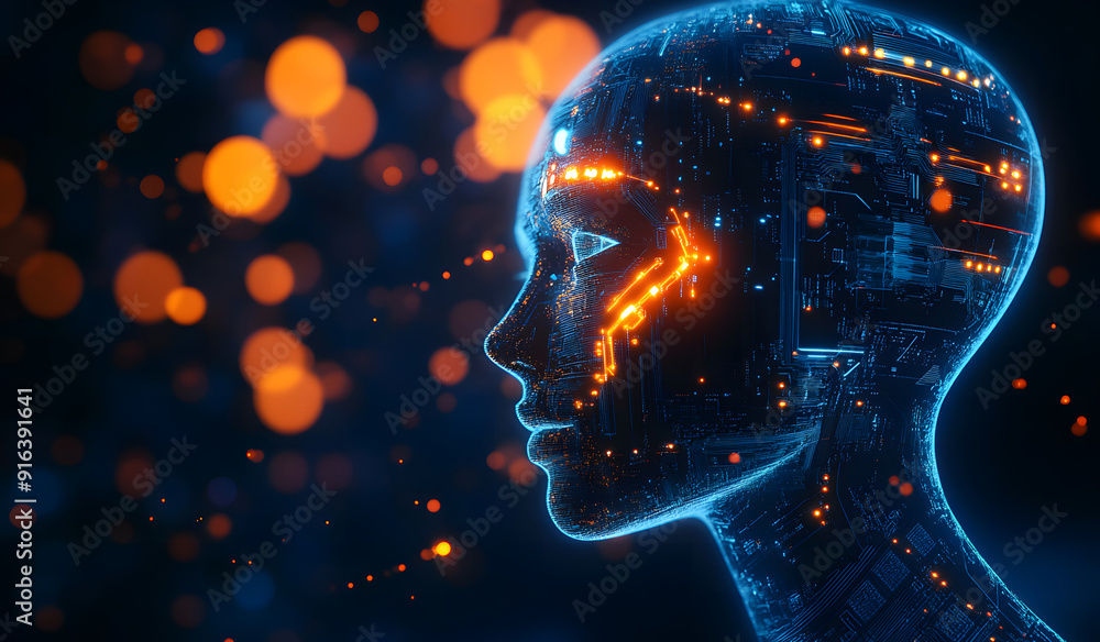 Poster a high-tech human brain composed of mechanical cogs and electronic circuits, the fusion of human int