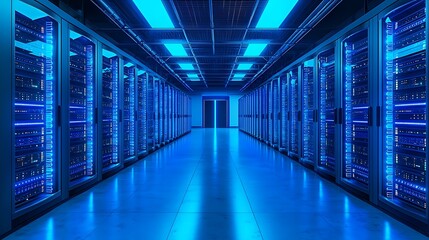 Empty server racks line a cool, dimly lit underground corridor reminiscent of a subway station platform