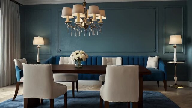 Blue and white dining room. Modern dining room with blue sofa 