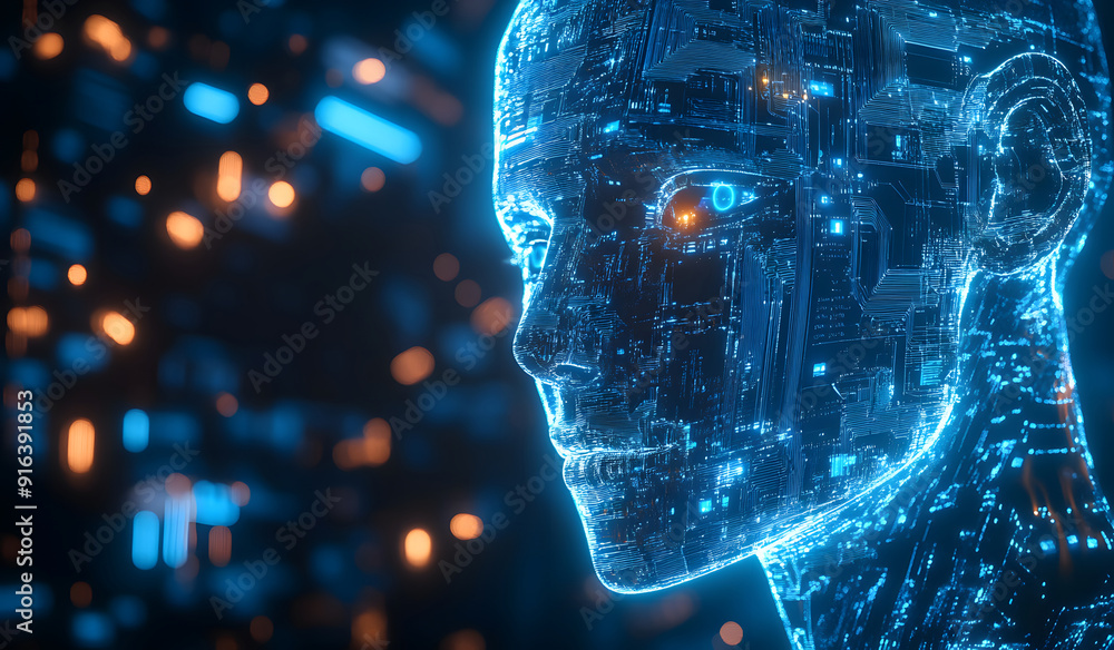Poster a high-tech human brain composed of mechanical cogs and electronic circuits, the fusion of human int