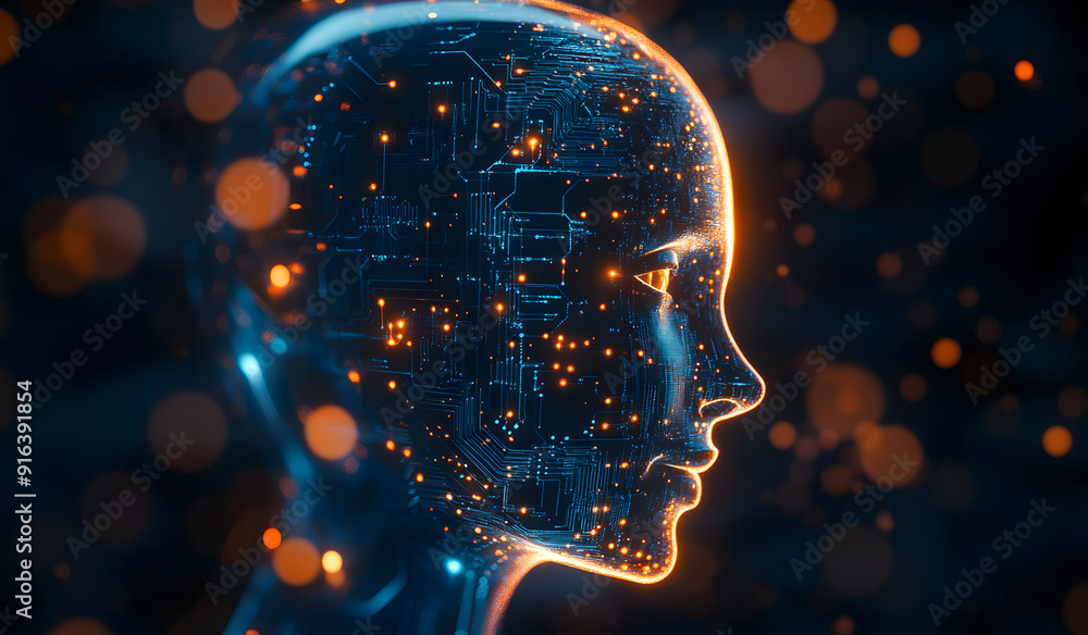 Poster a high-tech human brain composed of mechanical cogs and electronic circuits, the fusion of human int