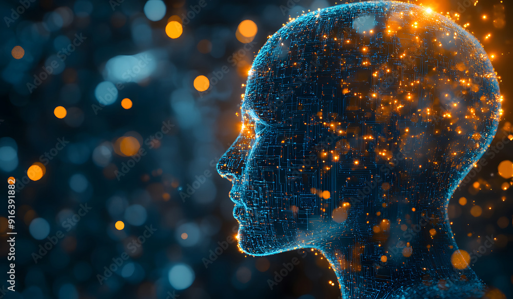 Poster a high-tech human brain composed of mechanical cogs and electronic circuits, the fusion of human int
