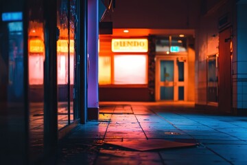 A dark alleyway with a neon sign for Pendo. The street is empty and the lights are dim