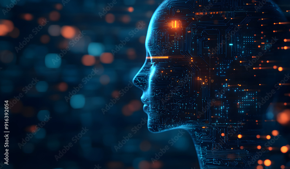 Poster a high-tech human brain composed of mechanical cogs and electronic circuits, the fusion of human int