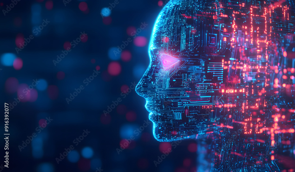 Poster a high-tech human brain composed of mechanical cogs and electronic circuits, the fusion of human int