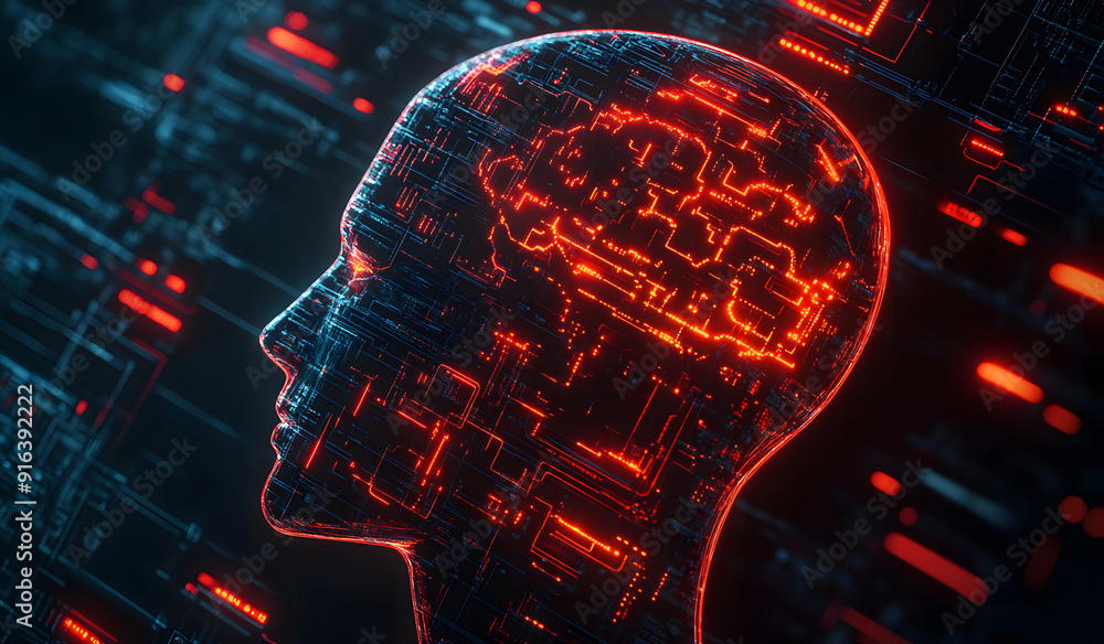 Poster a high-tech human brain composed of mechanical cogs and electronic circuits, the fusion of human int