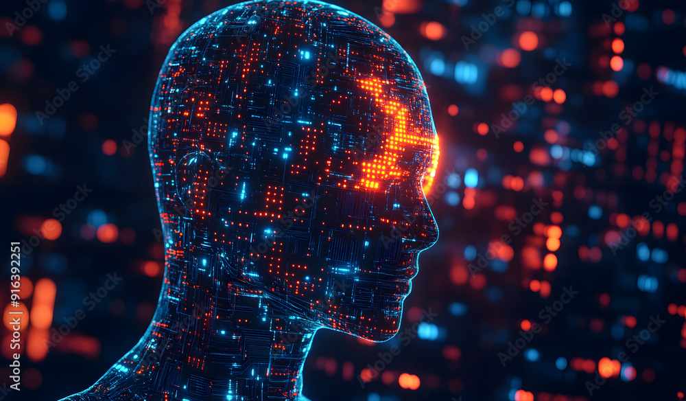 Poster a high-tech human brain composed of mechanical cogs and electronic circuits, the fusion of human int