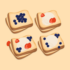 Set of vector illustration french toast with ice cream and fruit 