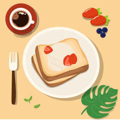french toast with ice cream and strawberry vector illustration 