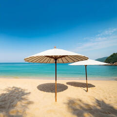 Fototapeta premium 잔잔한 바다, 모래사장에 파라솔2개 사람없음, 자연과 어우러진 풍경1