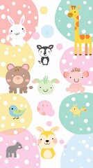 Adorable cartoon animals are playfully arranged among colorful polka dots in soft pastel hues