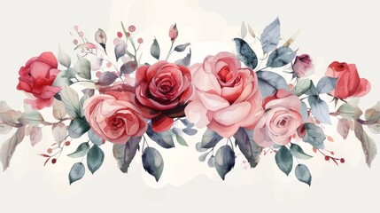 Fototapeta premium Watercolor floral wedding card design with soft greenery, hand-painted roses, perfect for banners and invitations.