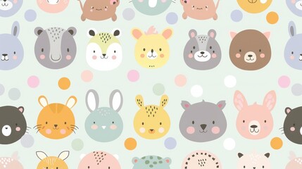 A playful arrangement of various cartoon animal faces surrounded by colorful dots on a soft background