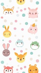 Obraz premium A playful pattern of cute cartoon animal faces in soft colors featuring bunnies, bears, and other friendly creatures