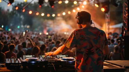 A DJ booth with party lights and enthusiastic attendees dancing at a Full Moon Party
