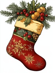 Red Christmas Stocking with Golden Snowflake Design