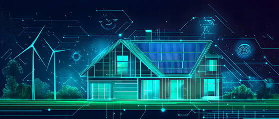 Obraz premium A smart home powered by renewable energy solar, and wind with LEDs, tracking energy usage and environmental impact, promoting a sustainable. future of energy management systems