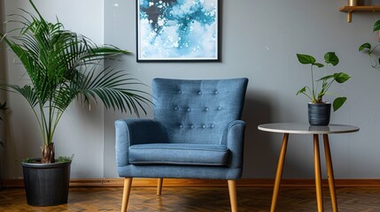 Armchair and table near a plant and poster in the living room