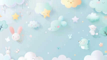 A cute background with pastel-colored elements, including adorable cartoon animals, whimsical clouds, and playful shapes, all set against a soft, baby blue sky, perfect for children's themes or