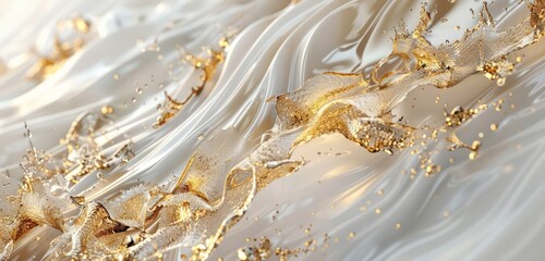 Abstract Background, metallic gold highlights cascading over a backdrop of neutral whites and light grays, with intricate details and a polished, reflective finish