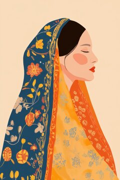 Minimalism illustration, an Armenian woman, wearing a colorful taraz in bright blue with gold embroidery, traditional fashion, flat illustration on soft peach background