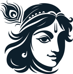 Adobe Illustrator Artwork Lord Krishna's face with peacock on his head and flute, happy Janmashtami
