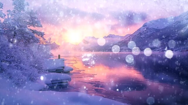 Winter landscape with calm water lake, pine trees, sunrise, falling snow, cabin Seamless looping 4k time-lapse animation video background