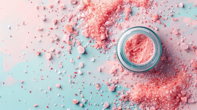 A blank cosmetic jar on a pastel backdrop with scattered pink salt, aiding the body's detoxification.