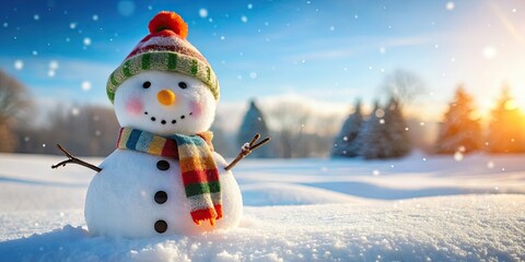 Fototapeta premium Cheerful snowman with a carrot nose and scarf standing in a snowy landscape, winter, holiday, Christmas, decoration, frosty