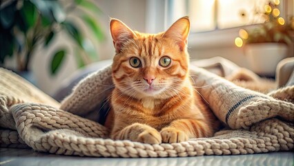 An adorable orange cat relaxing in a cozy home environment, pet, feline, domestic, cute, fluffy, ginger, fur, whiskers