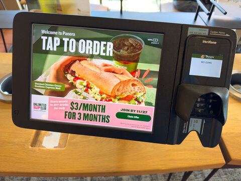 Tap to Order, self-checkout register inside Panera Bread restaurant cafe. 