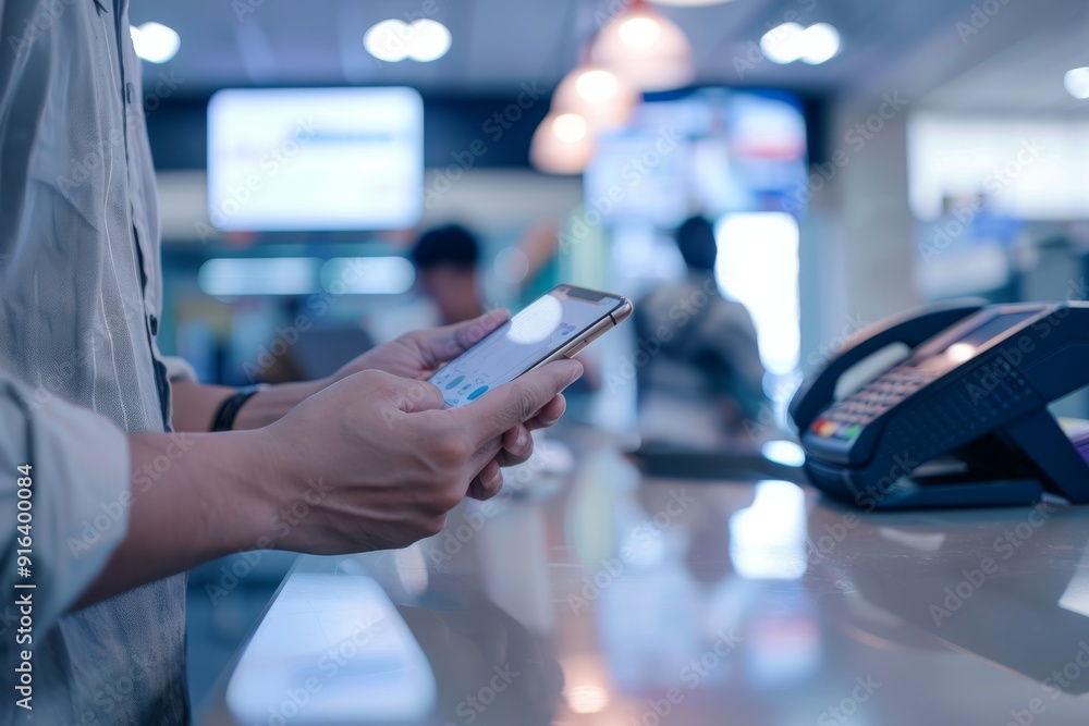 Poster close-up of customer using mobile payment app at bank branch, illustrating cashless transactions