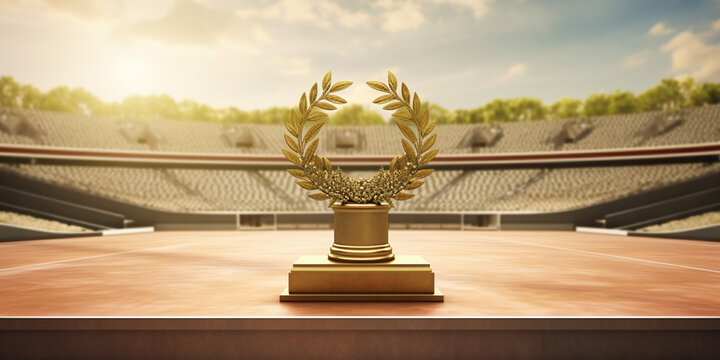A podium with gold Olympic medal and laurel wreaths on open stadium.