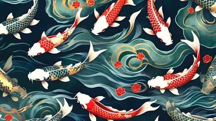 Oriental Japanese style pattern with koi fish decorate in watercolor texture. Navy green, red and gold ink