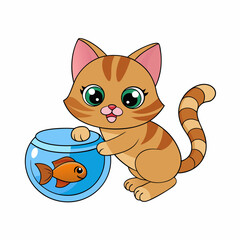 Kitten Catching Fish in Aquarium Vector Illustration - Cartoon Clipart and Line Art Design