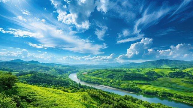 A breathtaking landscape with rolling hills, lush greenery, a clear blue sky with fluffy clouds, and a sparkling river, creating a peaceful and idyllic setting perfect for nature lovers
