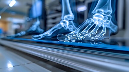 A high-resolution X-ray of feet, focusing on the alignment to diagnose flat feet, detailed bone structure, medical precision, blue-tinted monochrome, radiology equipment in frame,
