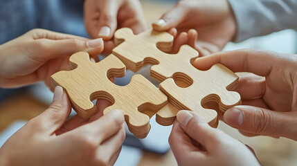 Wooden Puzzle Pieces Held by Hands Illustration