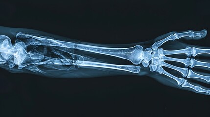 Anterior X-ray of a broken arm with a clear fracture, detailed bone visualization, sharp and precise imaging, blue-gray scale, clean medical imaging, radiology setting. --ar 16:9 --v 6.