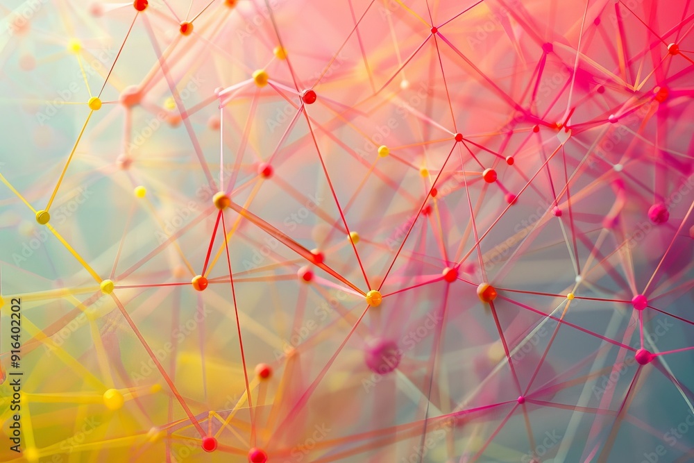 Poster abstract network of colorful lines and nodes, showcasing connectivity and interaction