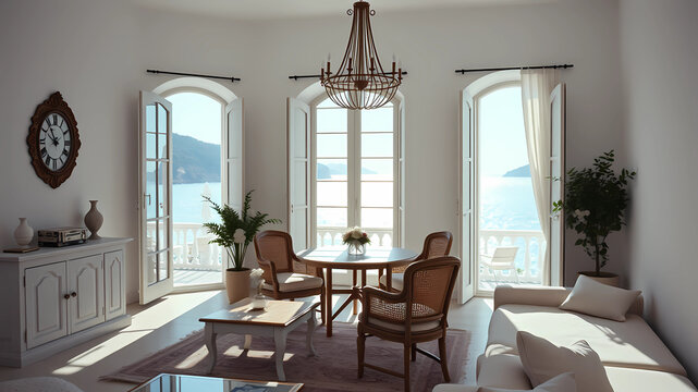 Ultra realistic  photo of  Natasha Chernavska living in the Italian city of peschici and her mostly white  home interior with sparkling sea views