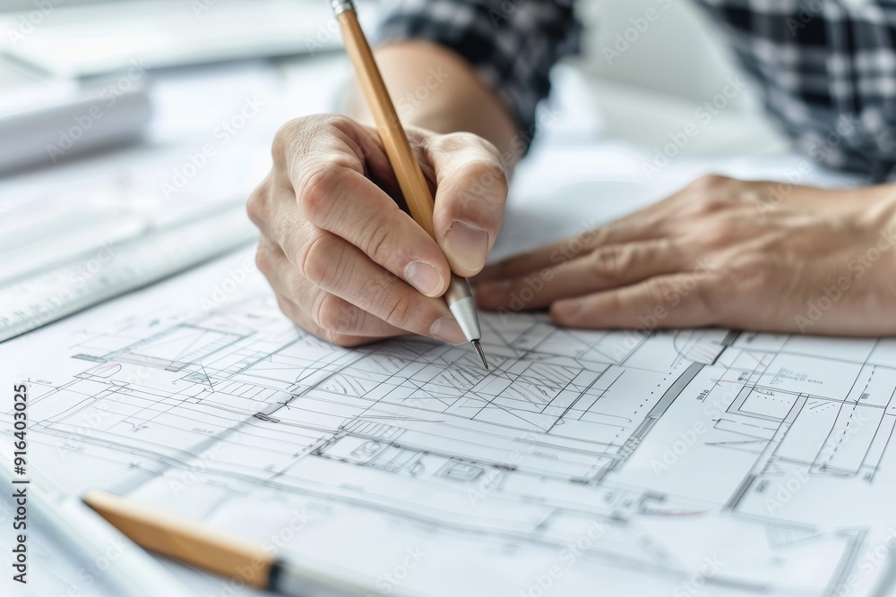 Poster close-up of architect sketching building design, symbolizing creative architecture