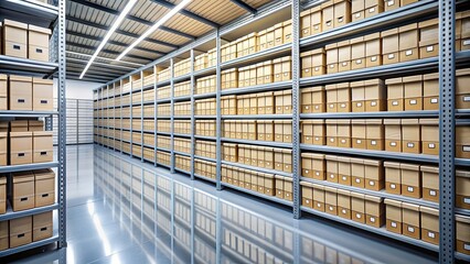 Well-organized archive room with rows of neatly labeled storage boxes on metal shelves, archiving, organization, storage, boxes