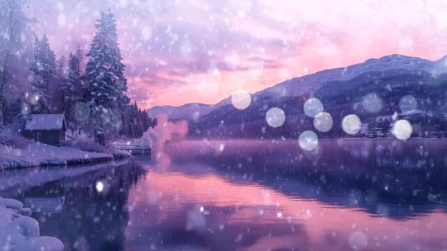 Winter landscape with calm water lake, pine trees, sunrise, falling snow, cabin Seamless looping 4k time-lapse animation video background