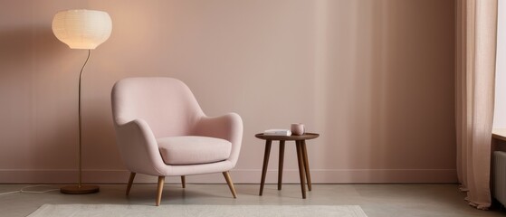 Stylish modern interior featuring a pink armchair, a wooden lamp, and a minimalist decor setting, exuding comfort and elegance.